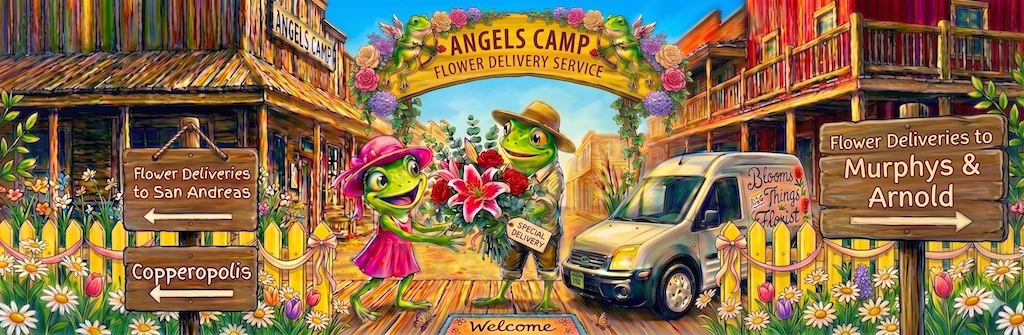 Angels Camp Flower Delivery Service — the frog couple out on a special delivery, with signposts to San Andreas, Copperopolis, Murphys and Arnold