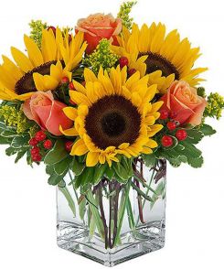 Sunflowers & Orange Roses (short vase)
